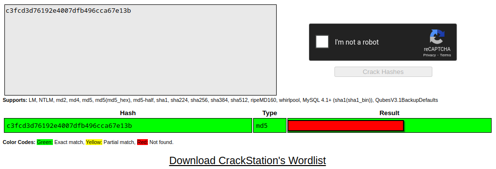 Password cracked on CrackStation